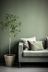 A modern room with a green sofa with pillows and a plant in a vase on the wall background