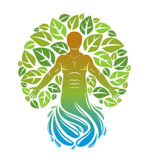 Vector athletic man coming out of water and created using organic green tree leaves. Downshifting and ecotourism concept illustration.