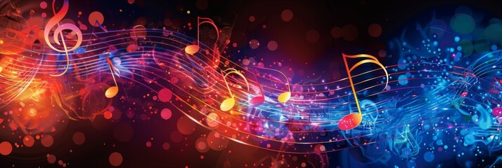 Abstract colorful music notes on dark background - An artistic representation of music notes flowing rhythmically across a dark, vibrant backdrop implies creativity and the joy of music