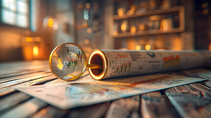 A map is on a table with a magnifying glass next to it - obrazy, fototapety, plakaty