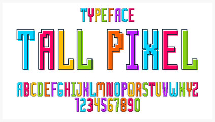 Child constructor colorful minimal square vector font, letters and numbers alphabet in toy style, multicolored geometric simplistic typography.