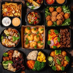 Asian-inspired takeaway assortment in boxes - An extravagant selection of Asian-inspired takeaway dishes is neatly packed in containers, offering a culinary adventure