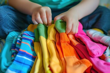 Child's hands sorting colorful socks, focusing on bright textiles.