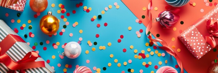 Colorful Christmas decorations spread on blue background - A festive arrangement of Christmas decorations and gifts spread across a blue and red background with confetti, showcasing holiday cheer