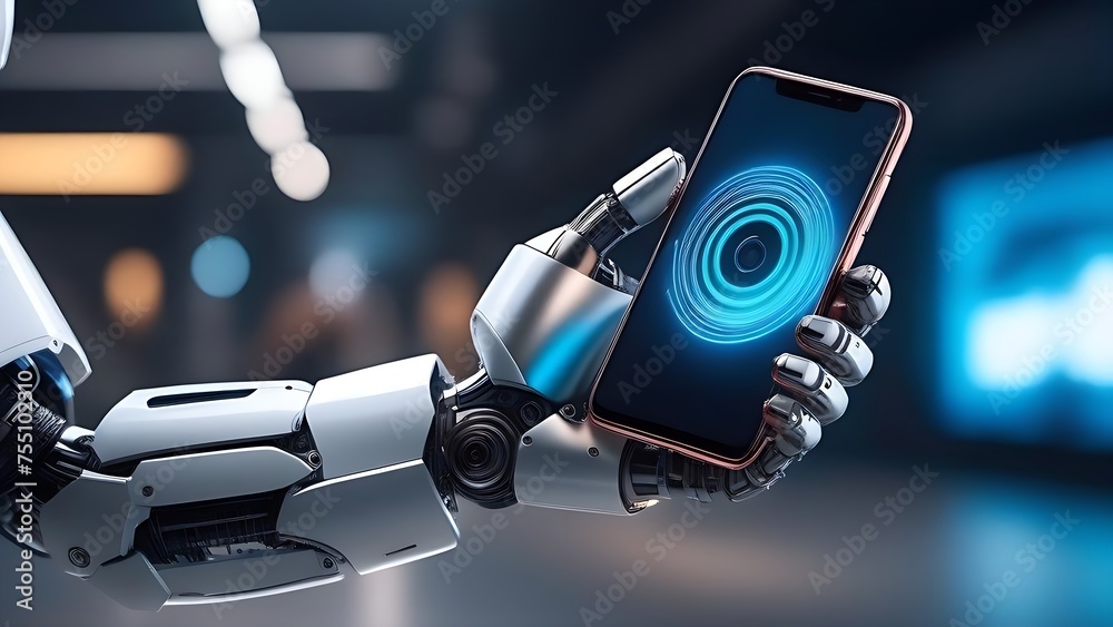 Poster robot using mobile phone, smartphone, cellphone. ai chatbot. showing cell screen