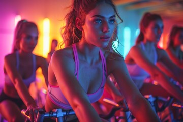In a powerful display of female strength, a group of sporty girls ride exercise bicycles with determination and resilience, illustrating their commitment to fitness and well-being - obrazy, fototapety, plakaty