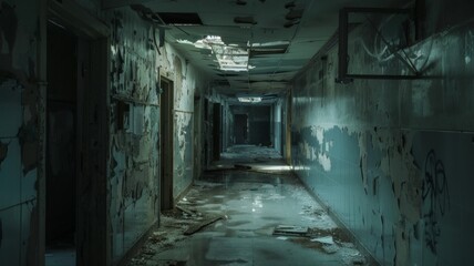 Dimly lit abandoned hospital corridor with decay - The somber mood of an abandoned hospital corridor with crumbling walls and scattered debris is palpable in this shot