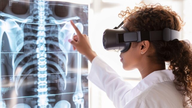 Doctor examining x-rays on futuristic screens - Healthcare professional using VR headset to analyze patient's x-rays on translucent digital screens