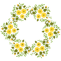 Frame with yellow flowers and green leaves. Delicate spring bouquet. Floral circular ornament. Plant composition. Summer mandala. Design of flower garlands. Place for your text. Printable home decor.