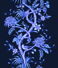 Seamless chinoiserie pattern with branches, flowers and birds. Vector. - 755102761