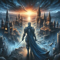 Epic Knight of the Enchanted Castle: A Celestial Quest in the Ethereal Realm of Twilight Grandeur - obrazy, fototapety, plakaty