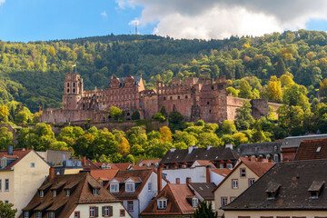 The medieval castle complex above the old town Altstadt of the Bavarian city of Heidelberg Germany...