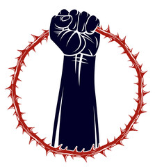 Strong hand clenched fist fighting for freedom against blackthorn thorn slavery theme illustration, vector logo or tattoo, through the thorns to the stars concept.