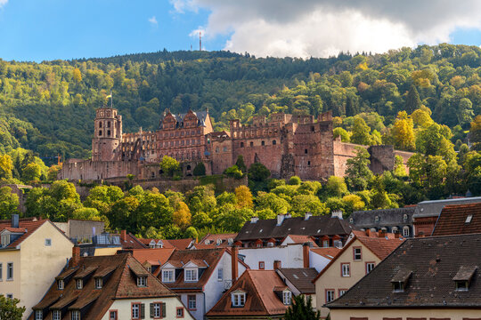 The medieval castle complex above the old town Altstadt of the Bavarian city of Heidelberg Germany at autumn.	