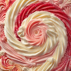 A close-up shot of a beautifully swirled pink and white icing dessert