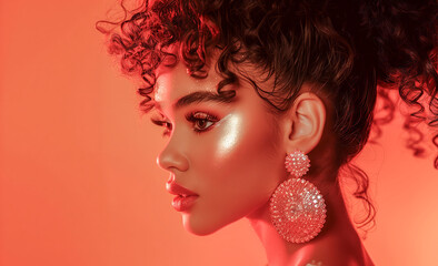 Beautiful girl. Fashionable and stylish woman in trendy jewelry big earrings. Curly ponytail hairstyle. Fashion look, beauty and style. Natural makeup and cosmetics