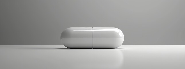 Minimalistic white capsule on a grey backdrop, evoking themes of purity, clean medicine, or minimalist healthcare design. - obrazy, fototapety, plakaty