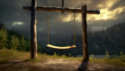 a wood swing is hanging over ground beside wood pole - obrazy, fototapety, plakaty