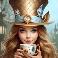little girl Alice dressed in fashionable hat from  wonderland holding tea cup. close up. Ai generated - 755103593