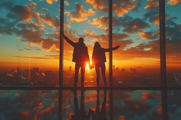 As the sun sets on another successful day, silhouettes of business partners stand tall at the peak of a building, their figures outlined against the colorful sky as they celebrate their triumphs - obrazy, fototapety, plakaty