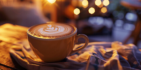 Evening ambiance with a cappuccino featuring leaf design latte art, placed on a soft fabric surface...