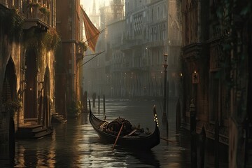Venetian canal scene with historical buildings and a gently floating gondola - obrazy, fototapety, plakaty