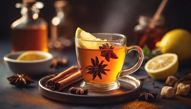 hot toddy hot whiskey with lemon honey and spices on a dark background