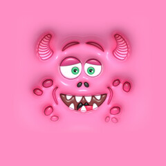 Funny Pink Monster Face. 3D inflated bubble illustration.