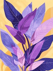 Painting of vibrant purple leaves contrasting against a bright yellow background.