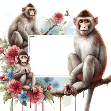 monkey Hand painted watercolor illustration blank space.
