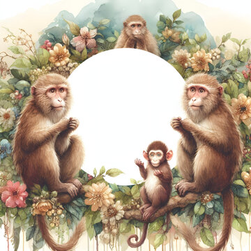 monkey Hand painted watercolor illustration blank space.