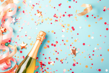 Celebration background with golden champagne bottle, confetti stars and party streamers. Christmas,...