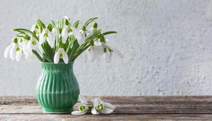 white snowdrops in green vase on white background