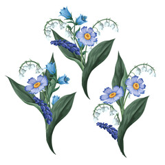 Bouquets with lilies of the valley and other flowers. Vector - 755104999