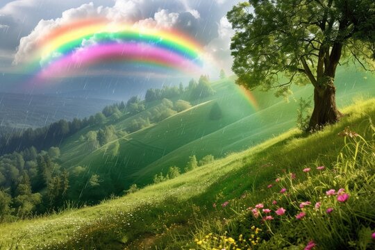 vibrant rainbow arching over a soft rainfall in a lush green field.