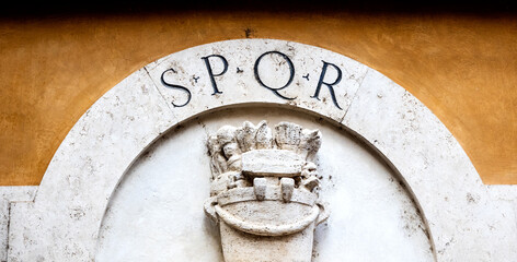 Marble bearing the inscription that most represents ancient Rome, S.P.Q.R., an acronym for senatus populusque romanus, which ,translated from Latin means the Roman senate and people