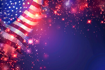 Celebration colorful firework on America flag pattern on sky background, red blue white strip concept for USA 4th july independence day, symbol of patriot freedom and democracy in memorial day festive
