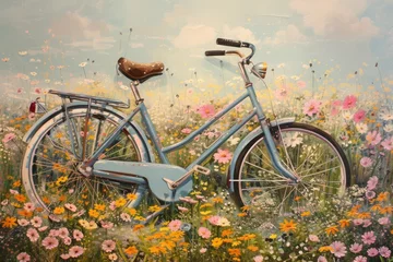 Fototapeten vintage bicycle overlaps with a field of blooming flowers. © SaroStock