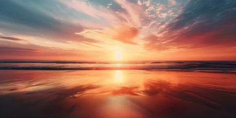 Schilderijen op glas The Sky is Painted with Warm Hues in a Mesmerizing Beach Sunset. Concept Sunset Photography, Beach Vibe, Warm Colors, Nature Aesthetics, Inspiring Scenery © Ян Заболотний
