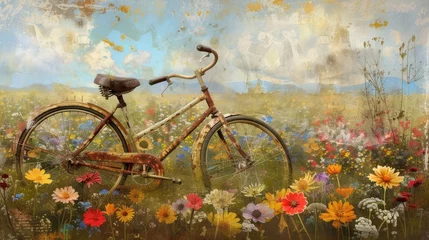 Selbstklebende Fototapete Fahrrad vintage bicycle overlaps with a field of blooming flowers.