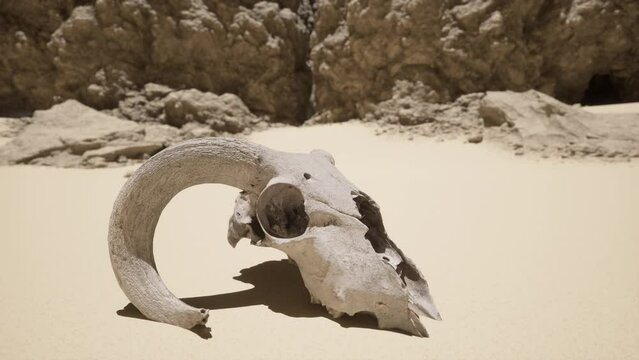 A skull of a deceased animal resting on a sandy beach surrounded by rocky terrain