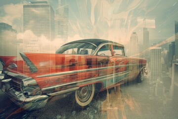 vintage car overlaps with a modern cityscape in double exposure.