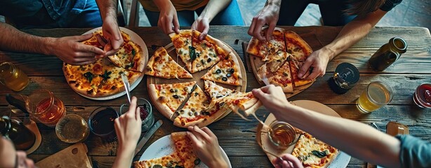 Group of friends eating pizza together, home party