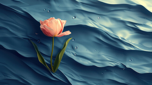 a pink flower floating on top of a body of water with a drop of water on the bottom of it.