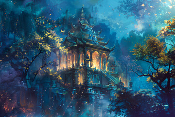 Fototapeta na wymiar Detailed Mystic fantasy temple detailted paint illustration for wallpaper