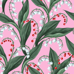 Seamless pattern with lilies of the valley. Vector. - 755106366