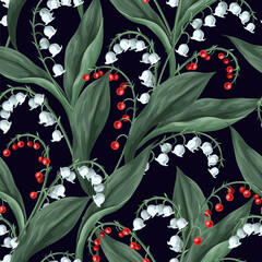 Seamless pattern with lilies of the valley. Vector. - 755106594