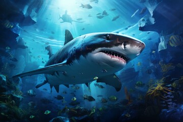 Fototapeta premium Essential Rescue shark beach ecology. Attack vacation. Generate Ai