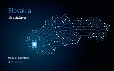 Slovakia, Map with a capital of Bratislava Shown in a Microchip Pattern. E-government. World Countries vector maps. Microchip Series	
