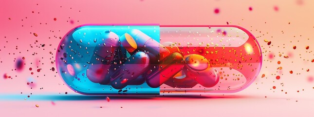 A colorful vitamin capsule suspended in a vibrant, gradient environment with sparkling effects, highlighting the concept of vitality and health.